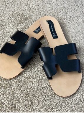 Steven by Steve Madden Black Leather Cutout Slide Sandals